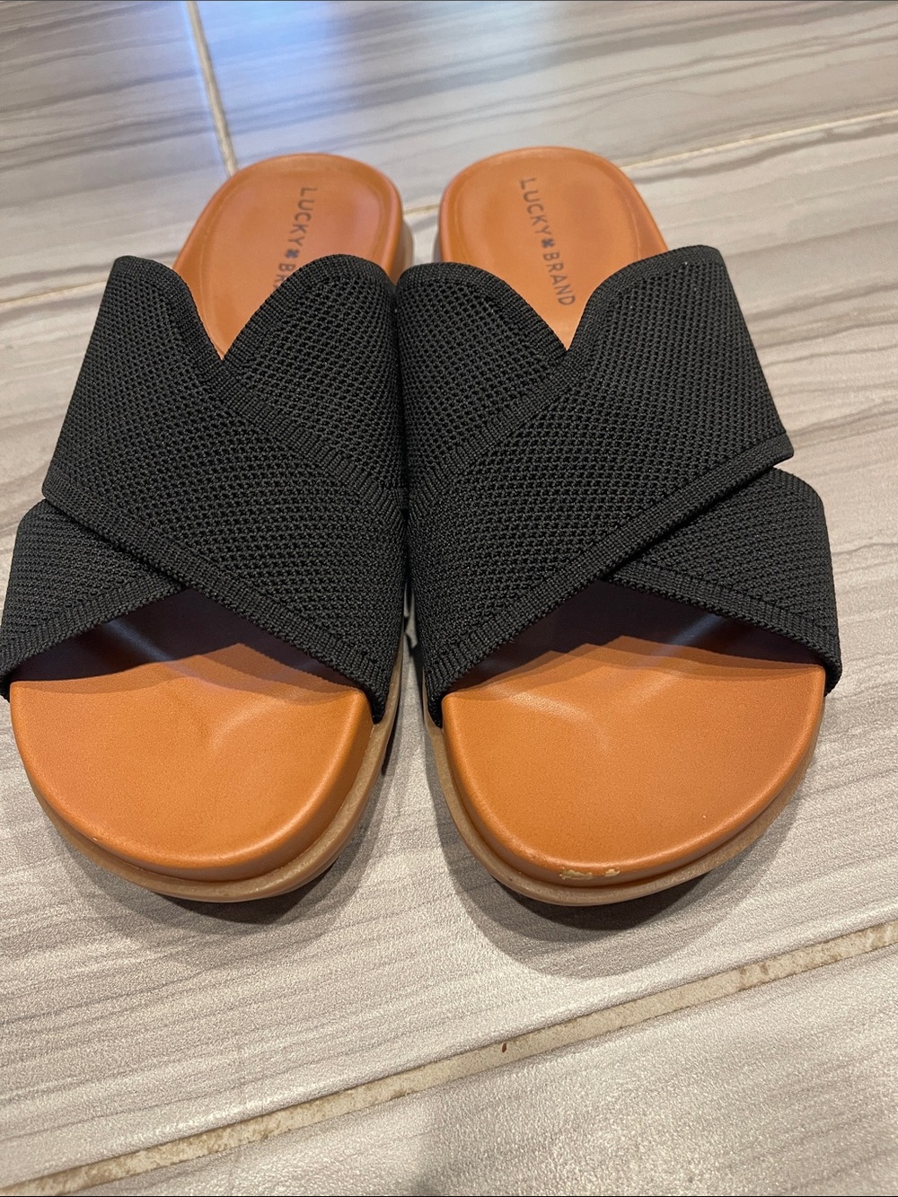 Lucky Brand Black Crisscross Slide Sandals with Tan Footbed